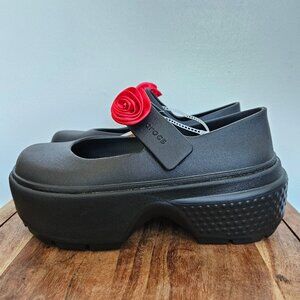 Crocs Mary Jane Stomp Rosette Platform Shoes Women’s Size 8 Black Trending Rose